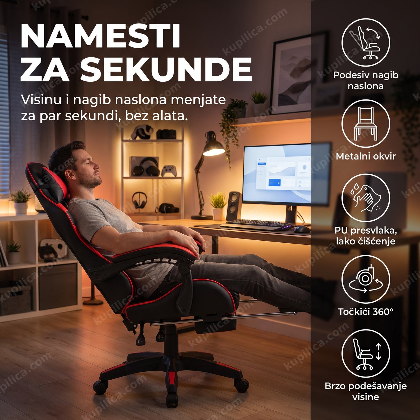 Gaming stolica crvena sa podesivim naslonom i metalnim okvirom
