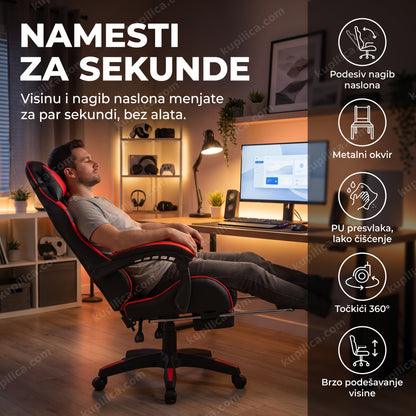 Gaming stolica crvena sa podesivim naslonom i metalnim okvirom