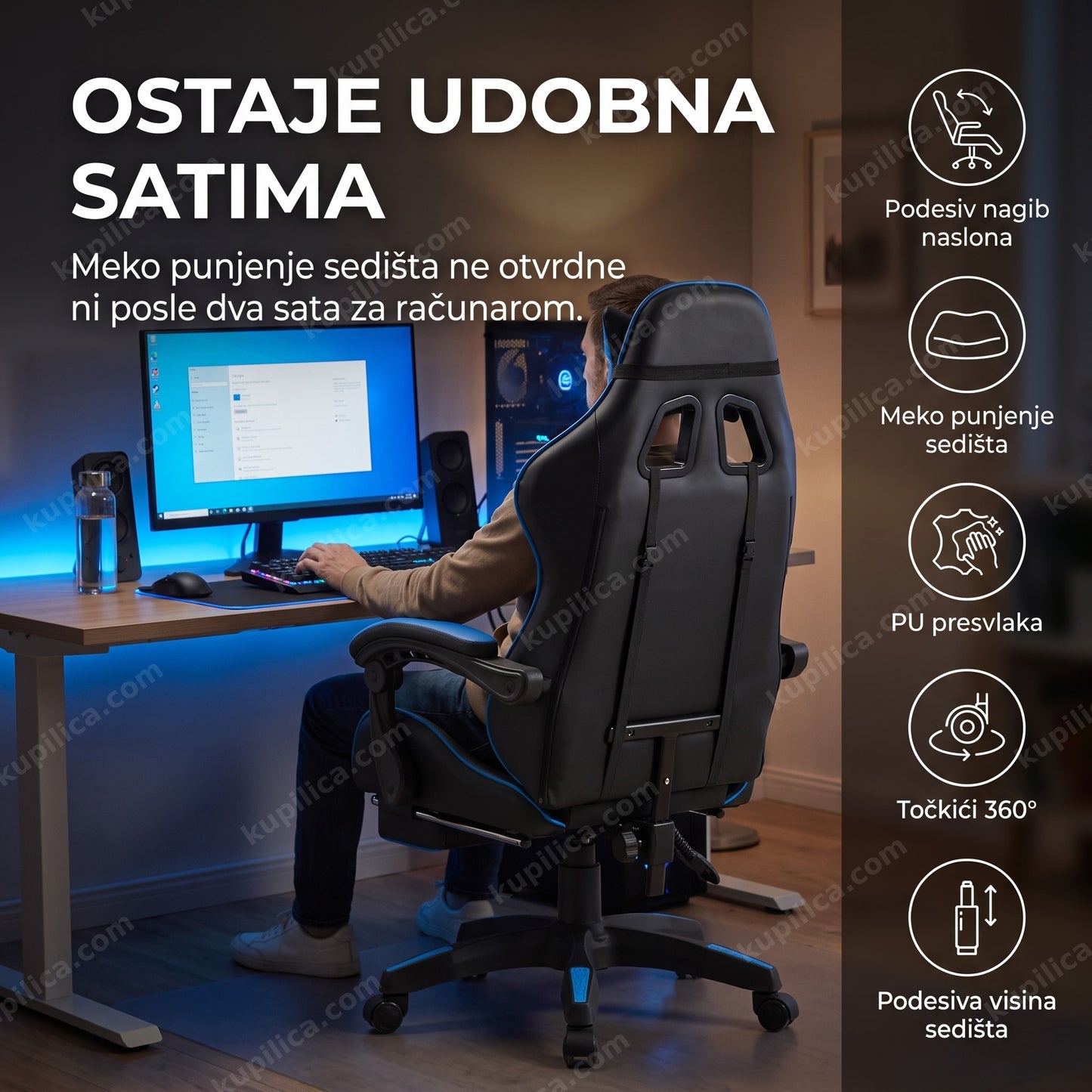Gaming stolica plava sa podesivim naslonom i točkićima 360°