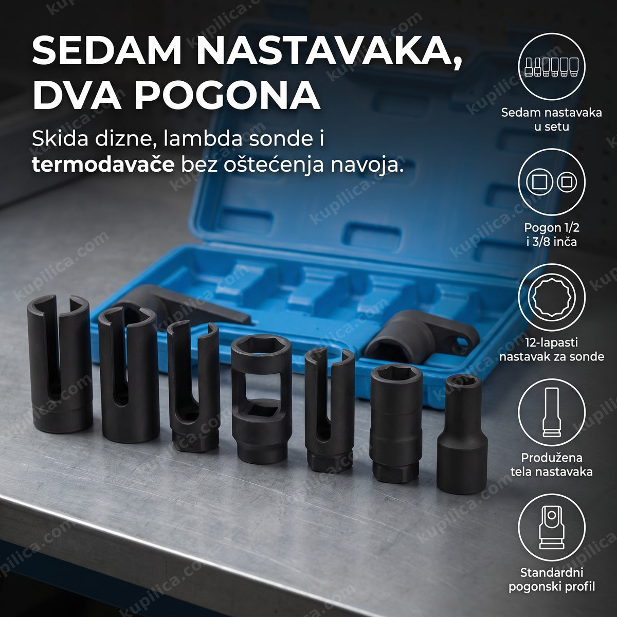 sedam nastavaka za dizne i lambda sonde poređanih na radnom stolu