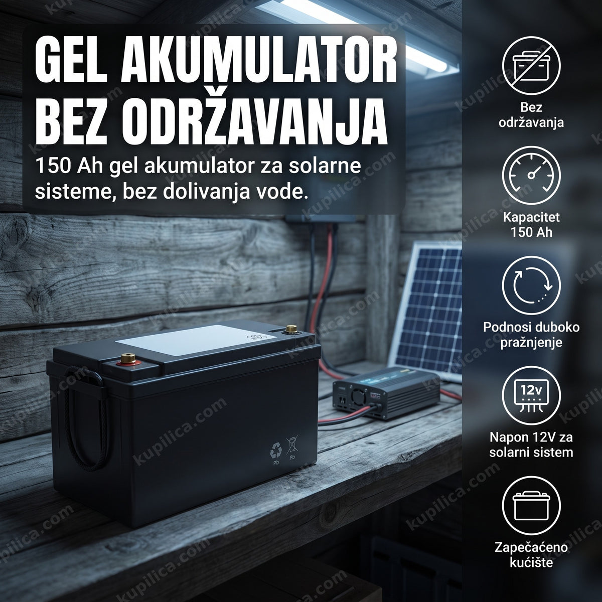 Crni gel akumulator za solarni sistem pored invertera i kablova u ostavi