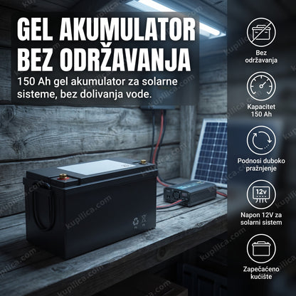 Crni gel akumulator za solarni sistem pored invertera i kablova u ostavi
