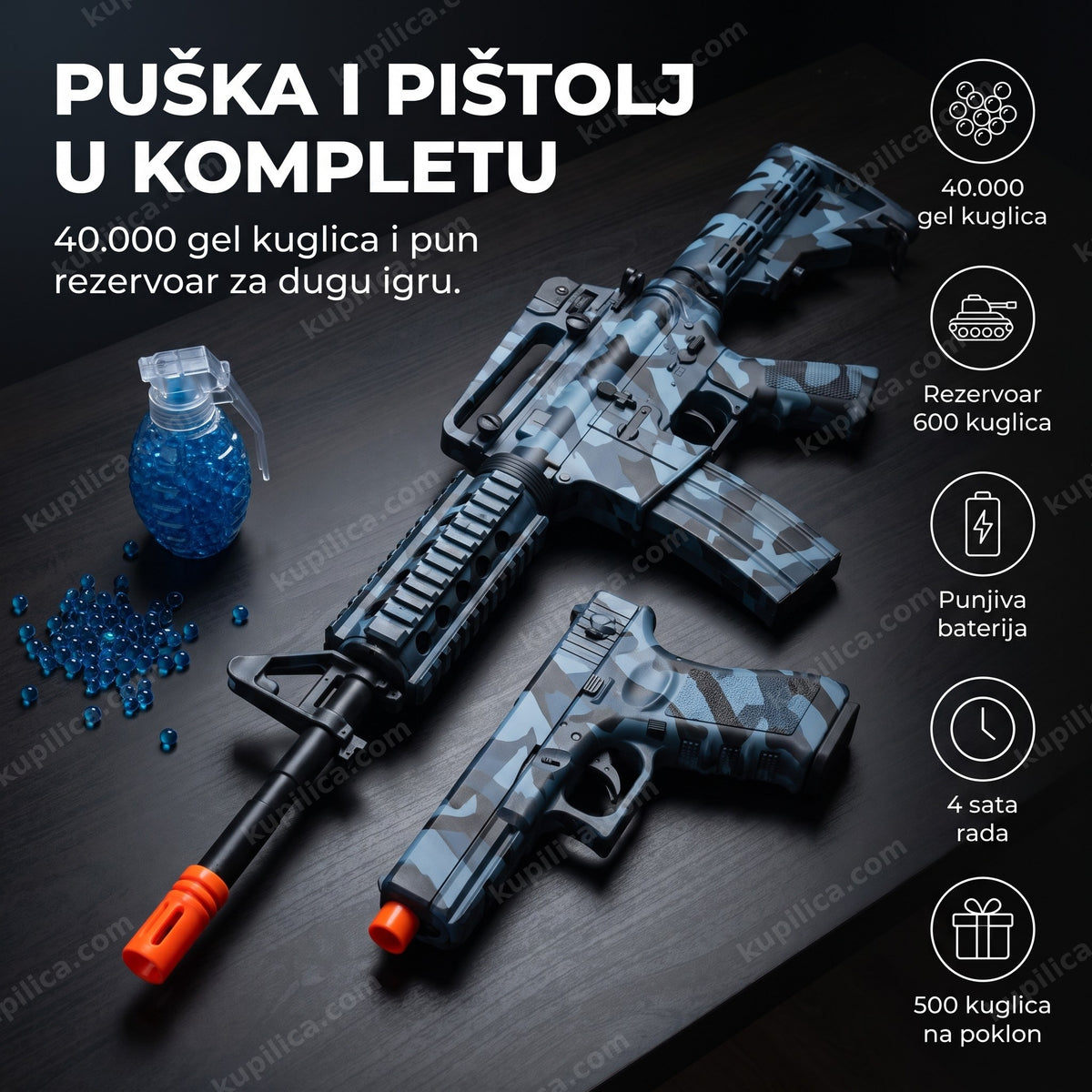 gel blaster puška i pištolj na vodene kuglice položeni na drvenoj podlozi