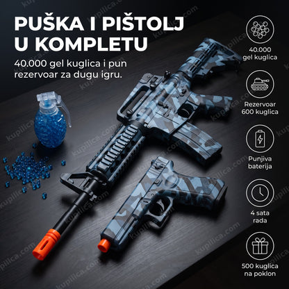 gel blaster puška i pištolj na vodene kuglice položeni na drvenoj podlozi