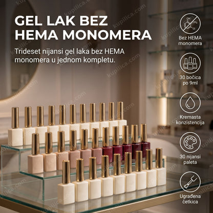 Bočice gel laka bez HEMA monomera poređane u staklenoj vitrini salona
