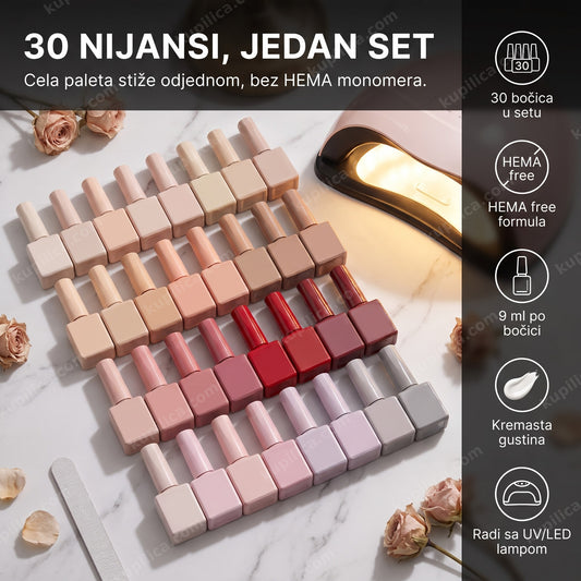 Set od 30 bočica gel laka u nijansama poređan na mermernom pultu