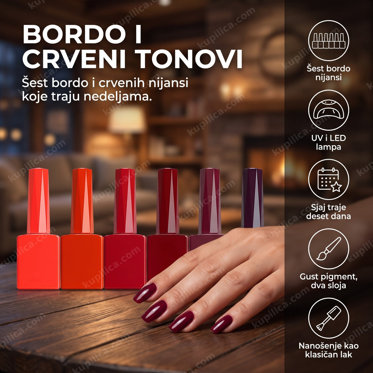 gel lak set bordo — šest bočica crvenih i bordo nijansi pored UV LED lampe na stolu za manikir