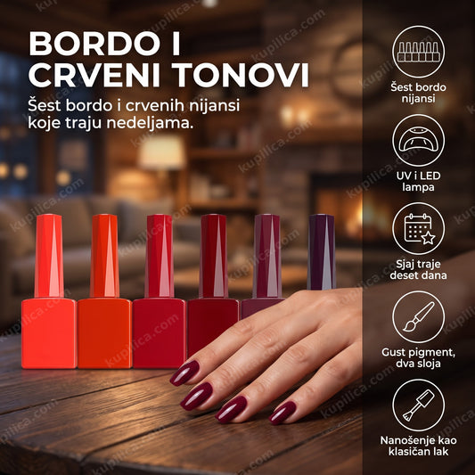 gel lak set bordo — šest bočica crvenih i bordo nijansi pored UV LED lampe na stolu za manikir