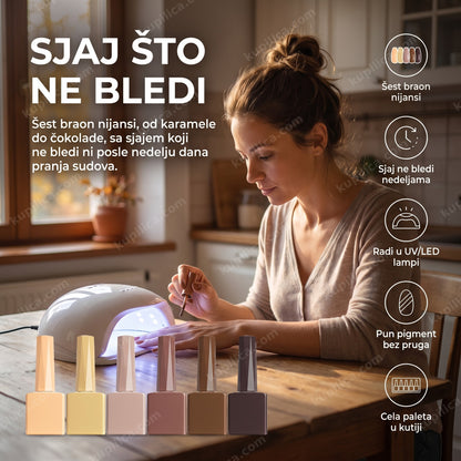 gel lak set braon — šest bočica čokoladnih i karamel nijansi na svetlom pultu salona