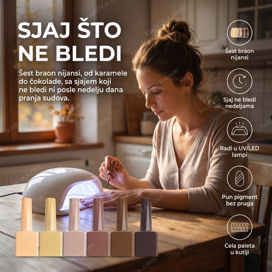 gel lak set braon — šest bočica čokoladnih i karamel nijansi na svetlom pultu salona