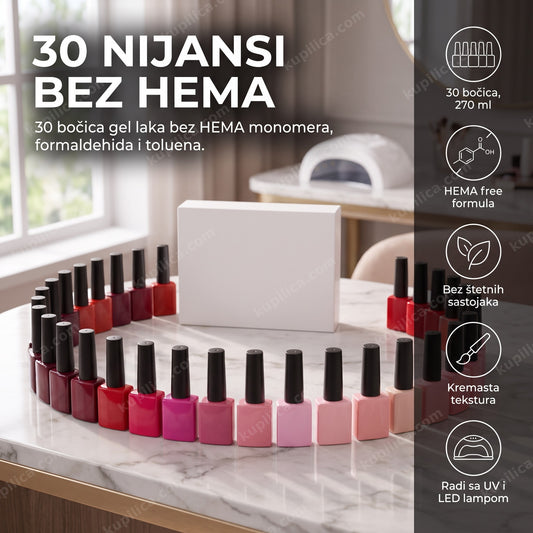gel lak set hema free sa 30 bočica poređanih u gradijentu boja u salonu, benefiti proizvoda