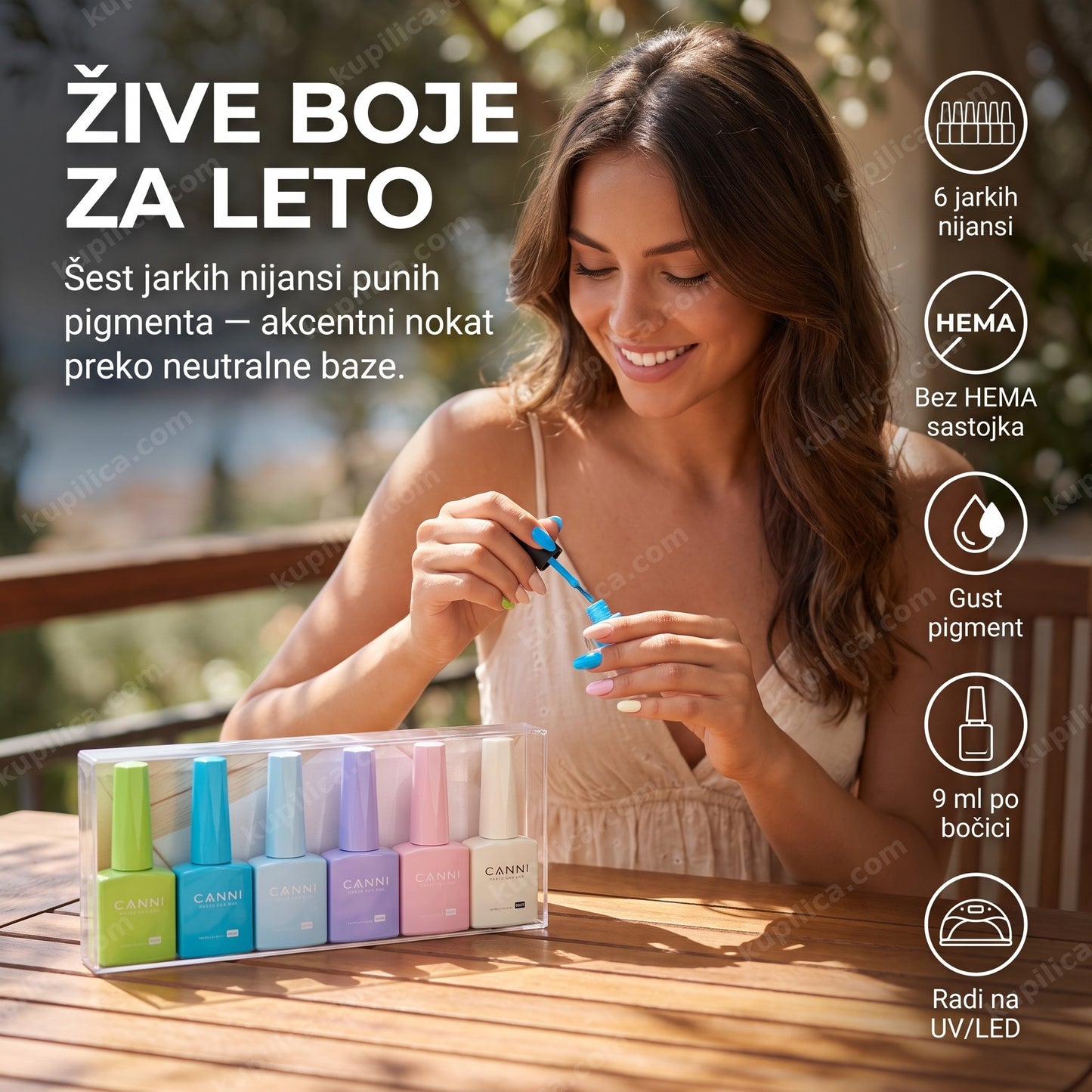 gel lak set jarke boje za leto — žena radi akcentni nokat na terasi leti, benefiti proizvoda