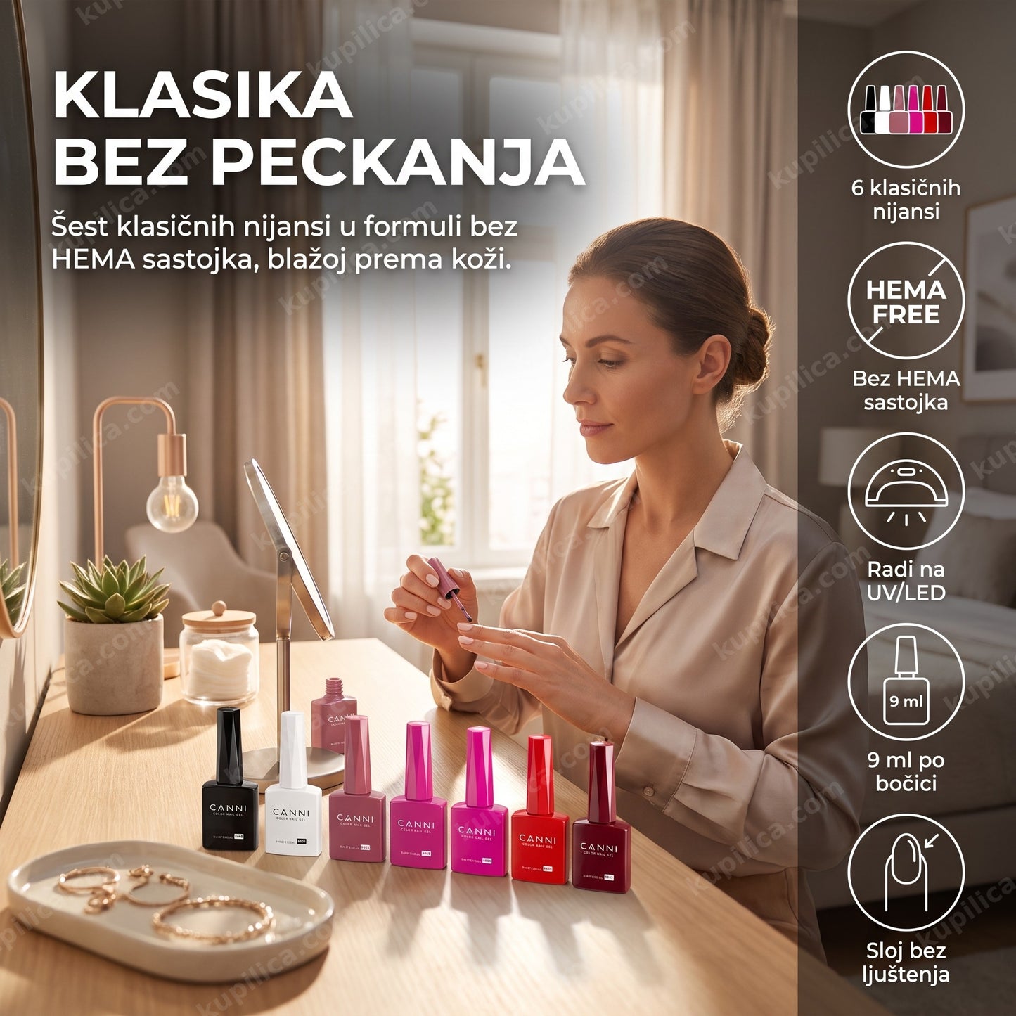 gel lak set klasične nijanse — žena radi manikir pre posla, benefiti proizvoda
