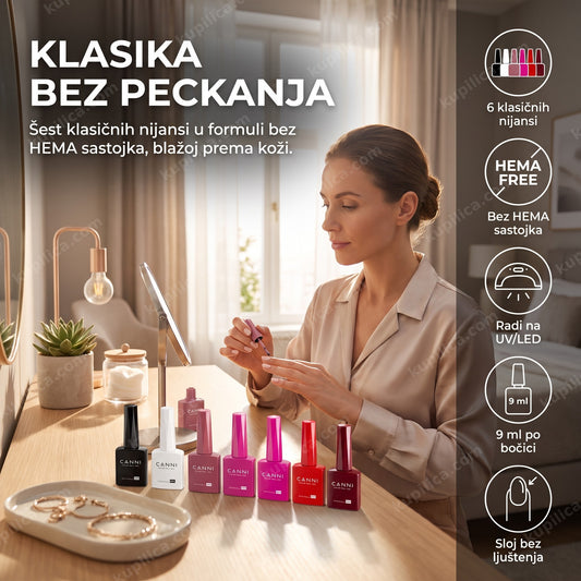 gel lak set klasične nijanse — žena radi manikir pre posla, benefiti proizvoda