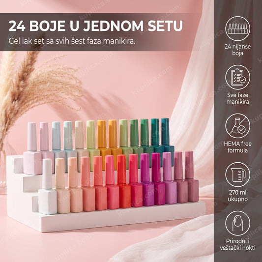 Trideset bočica gel lak seta poređanih na roze pozadini, benefiti proizvoda
