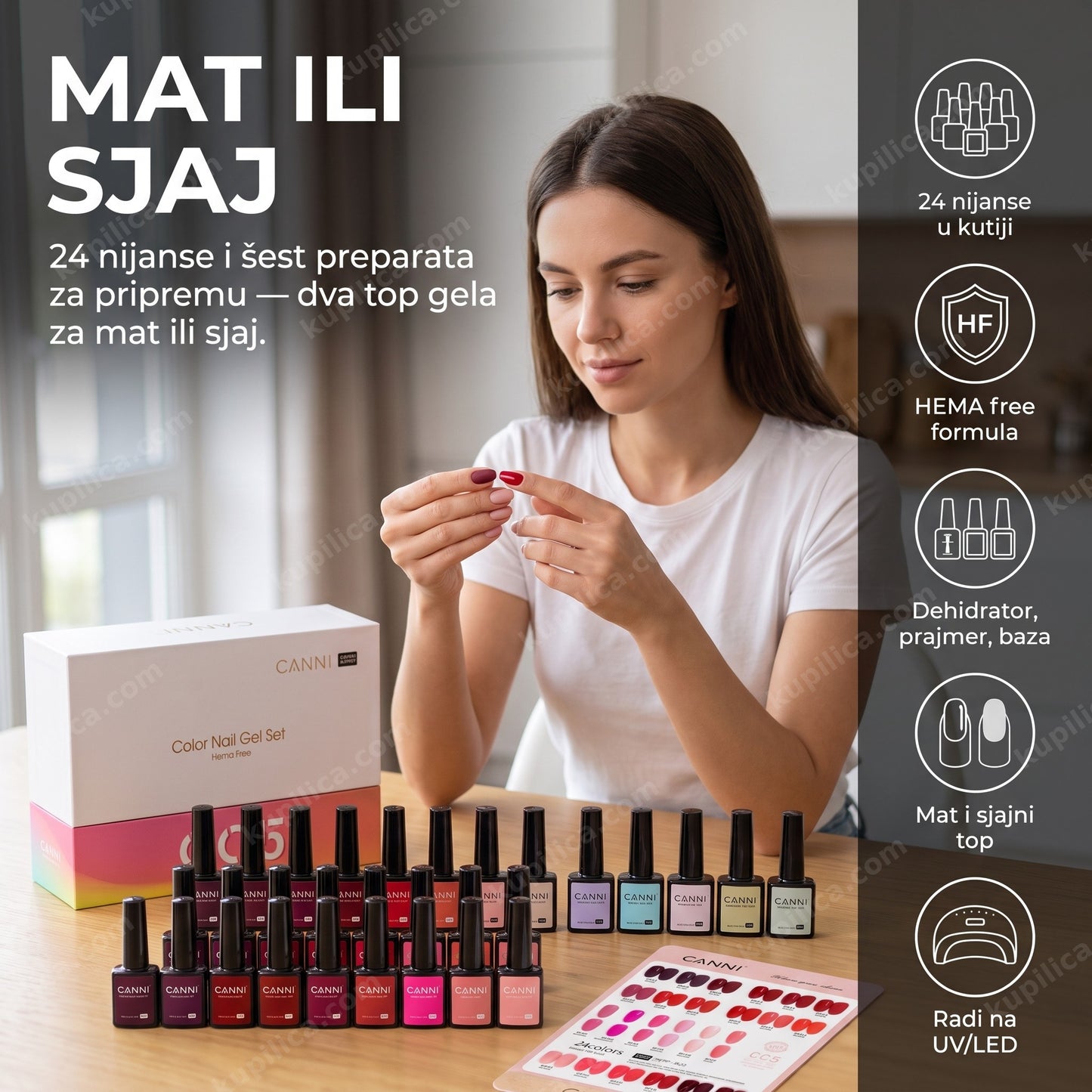 gel lak set mat i sjaj — žena upoređuje mat i sjajan nokat kod kuće, benefiti proizvoda