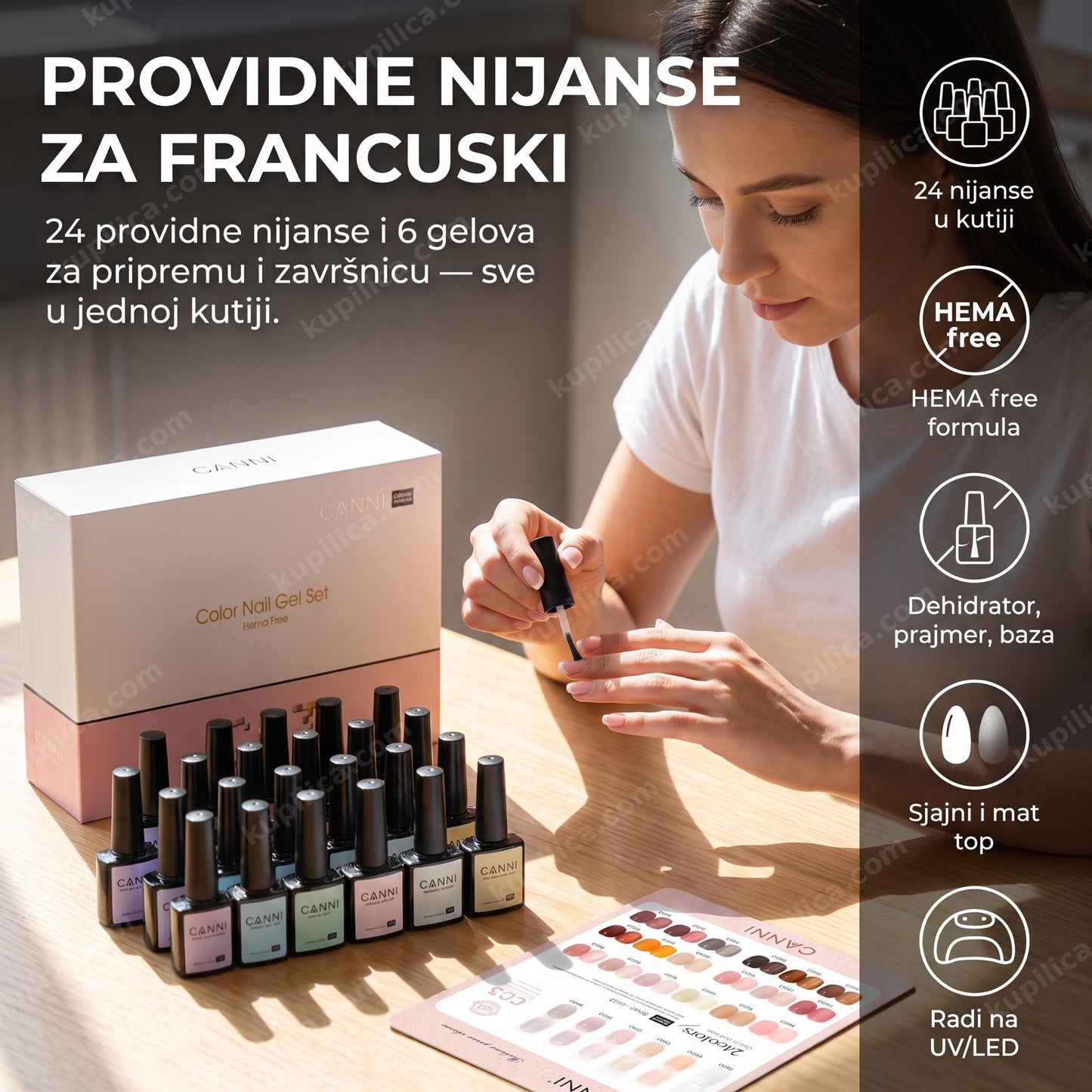 gel lak set za francuski manikir — žena radi francuski manikir kod kuće, benefiti proizvoda