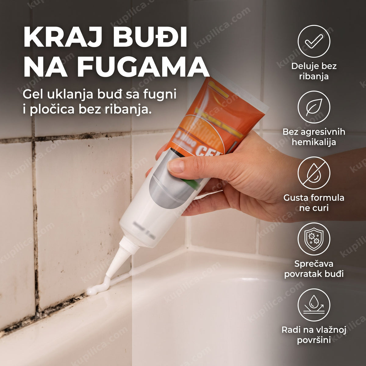 gel protiv buđi nanet na fugu u kupatilu pre i posle čišćenja, benefiti proizvoda