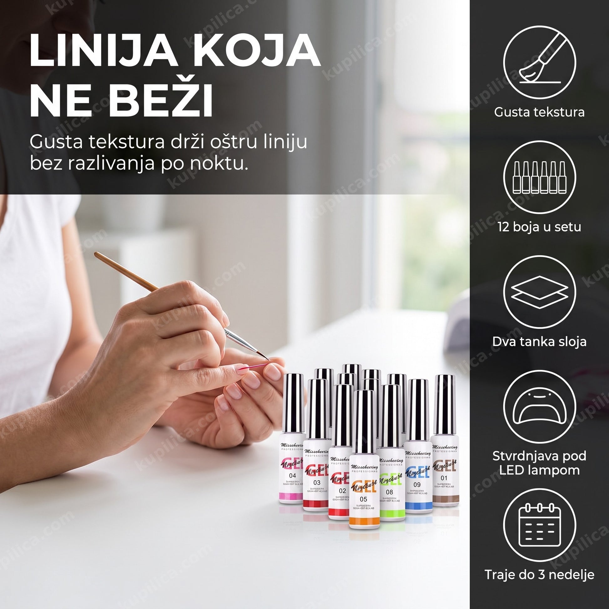 Gel za crtanje noktiju MISSCHEERING — set 12 boja, 8 ml