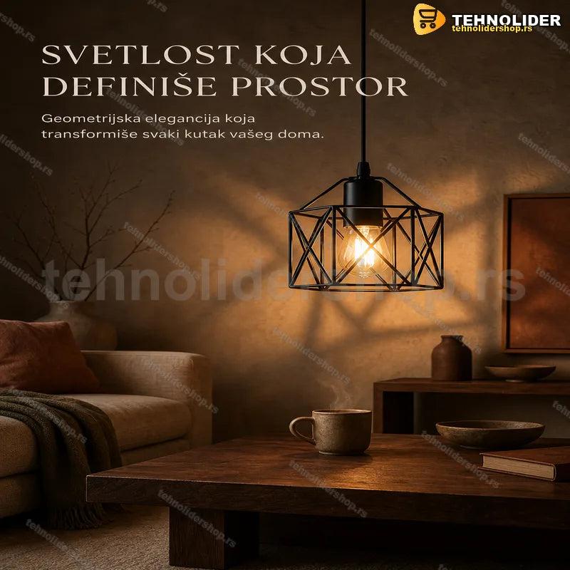 geometrijska visilica crna sa žičanim abažurom u obliku prizme