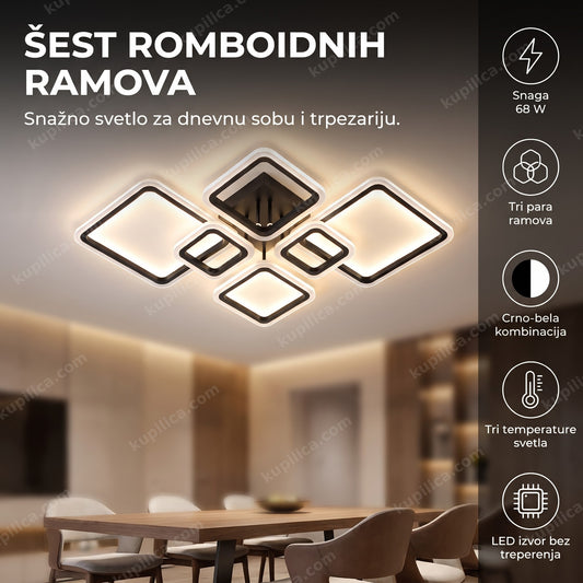 geometrijski led plafonski luster sa šest romboidnih ramova iznad trpezarijskog stola