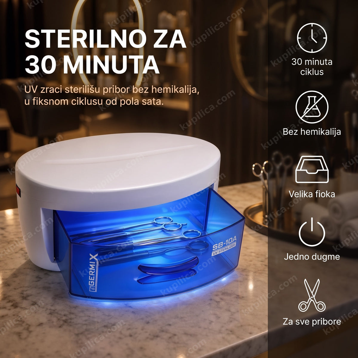 Germix UV sterilizator za salon — otvorena fioka sa frizerskim priborom