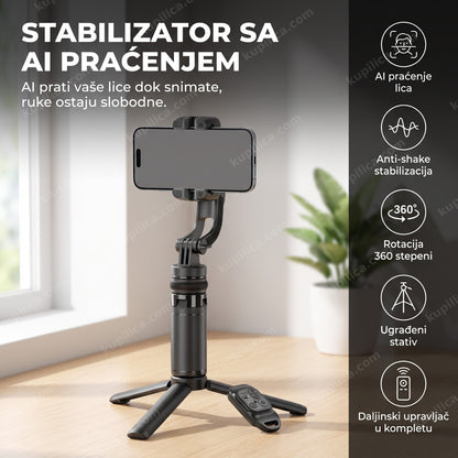 gimbal stabilizator za telefon sa ugrađenim stativom na radnom stolu