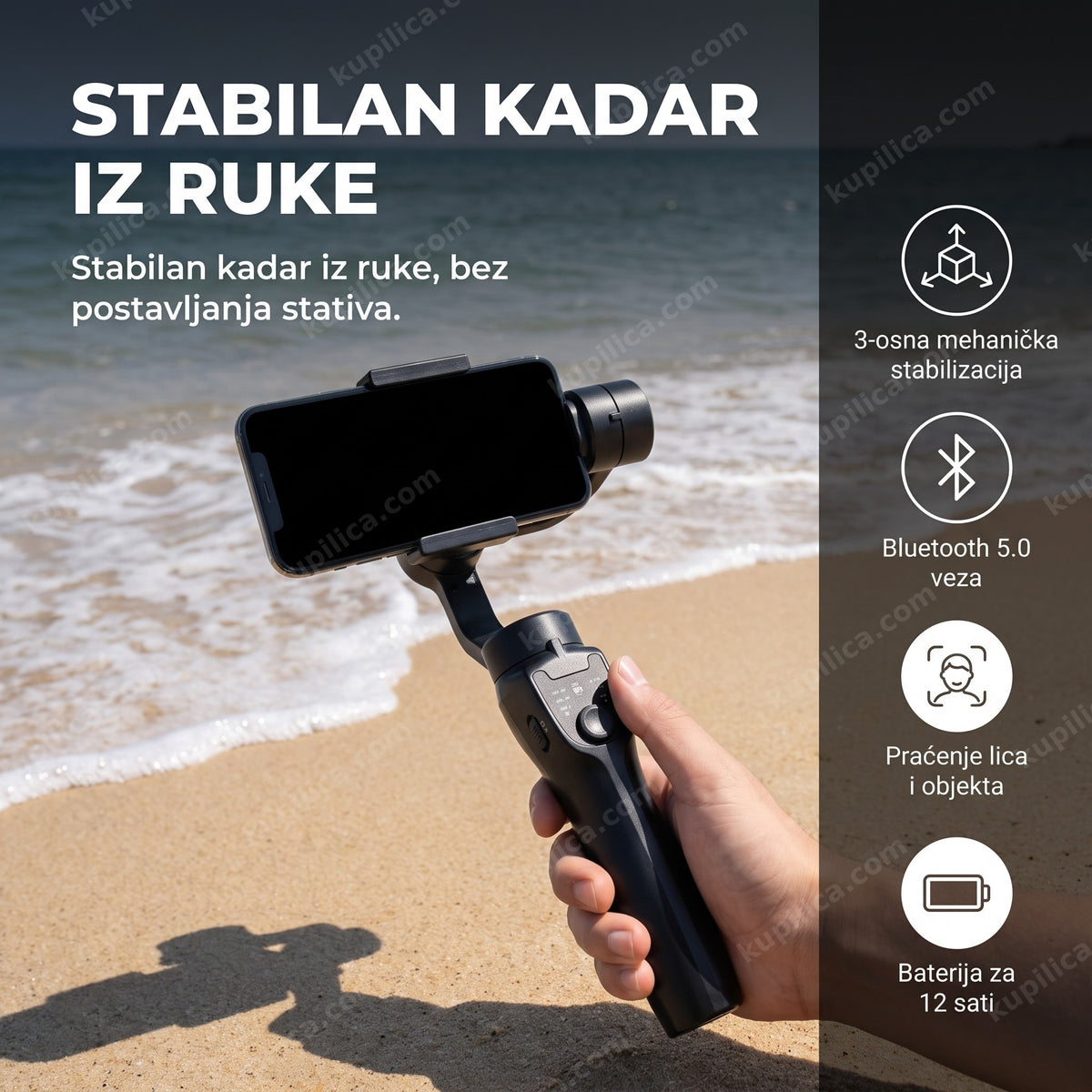 crni gimbal za telefon na plaži pored mora, benefiti proizvoda