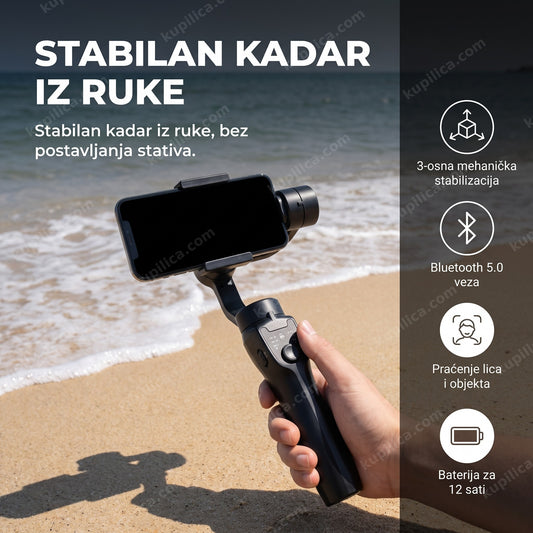 crni gimbal za telefon na plaži pored mora, benefiti proizvoda