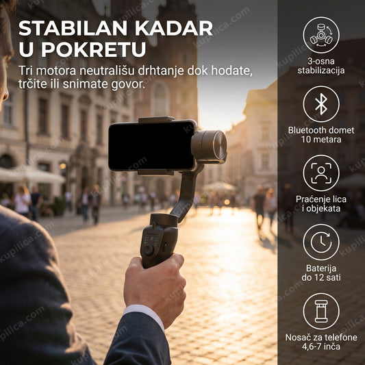gimbal za telefon sa stabilizacijom drži miran kadar dok snima grad, benefiti proizvoda