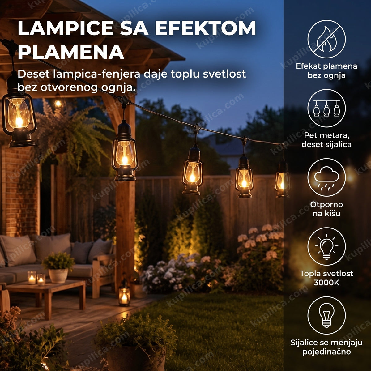 Girlanda sa lampicama fenjer efekta plamena na terasi uveče, benefiti proizvoda