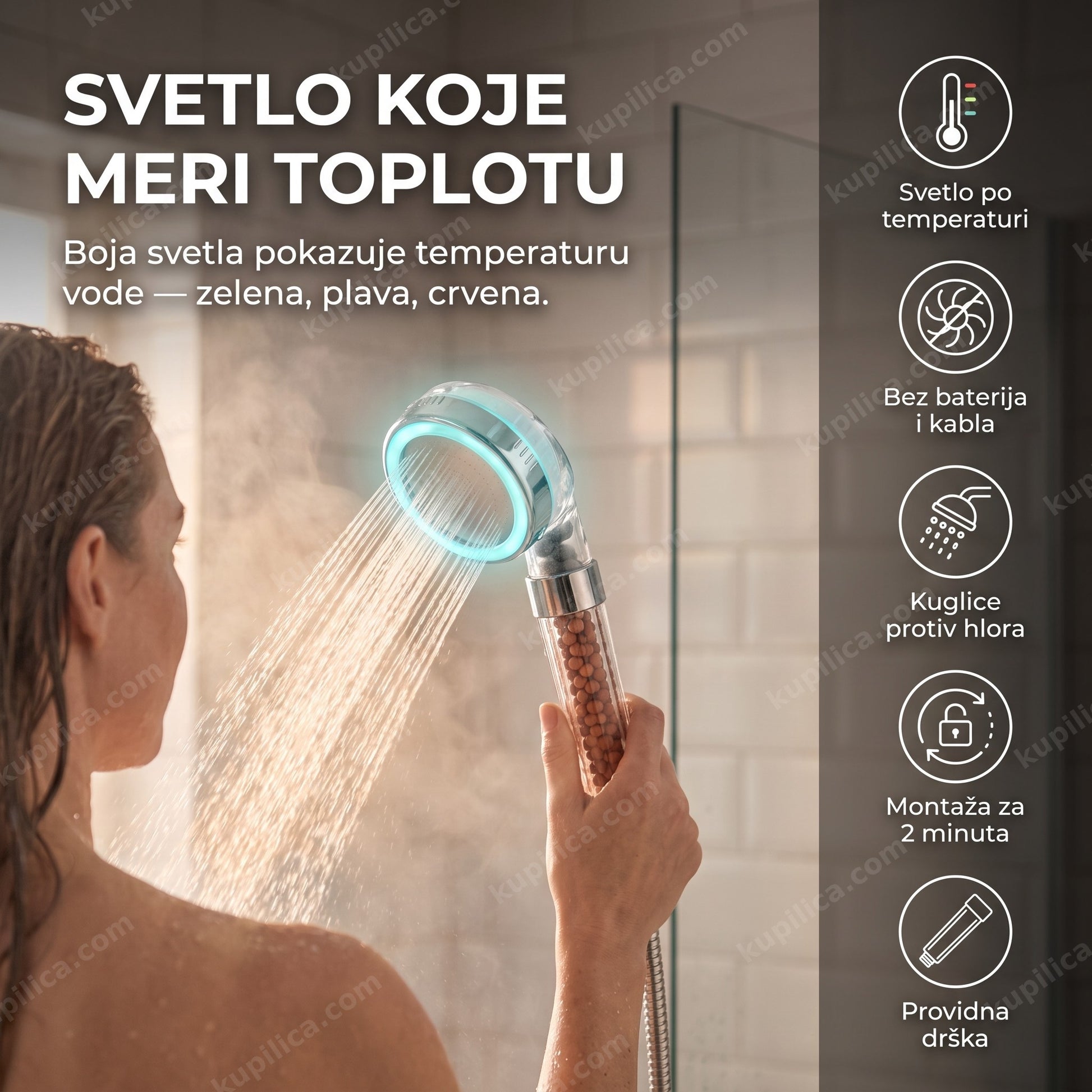 Glava tuša sa anjonskim kuglicama i LED svetlom po temperaturi vode