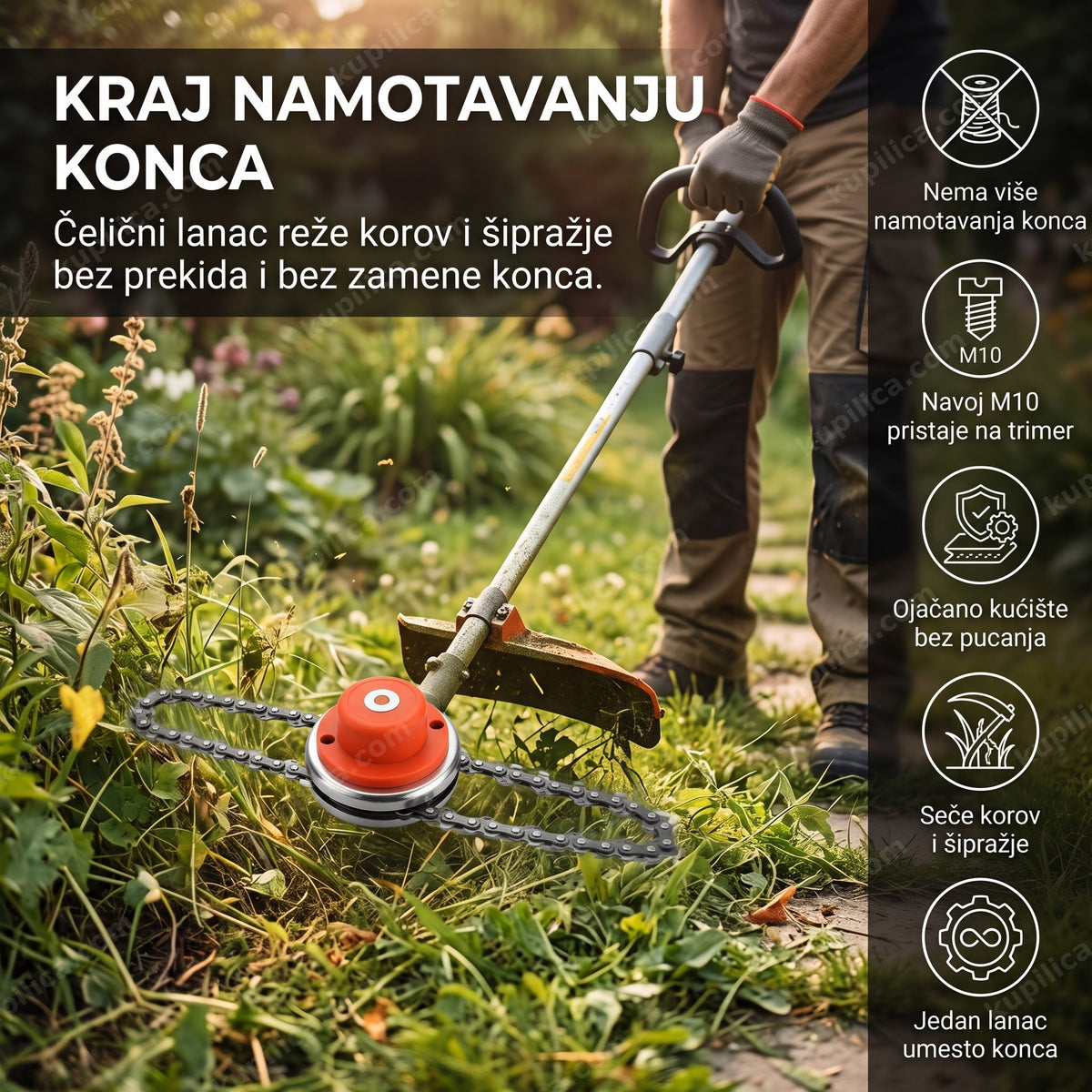 glava za trimer sa lancem koja seče travu u dvorištu — benefiti proizvoda