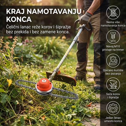glava za trimer sa lancem koja seče travu u dvorištu — benefiti proizvoda