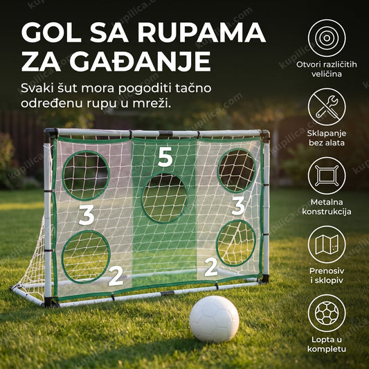 gol za fudbal sa rupama za gađanje i loptom na travi u dvorištu