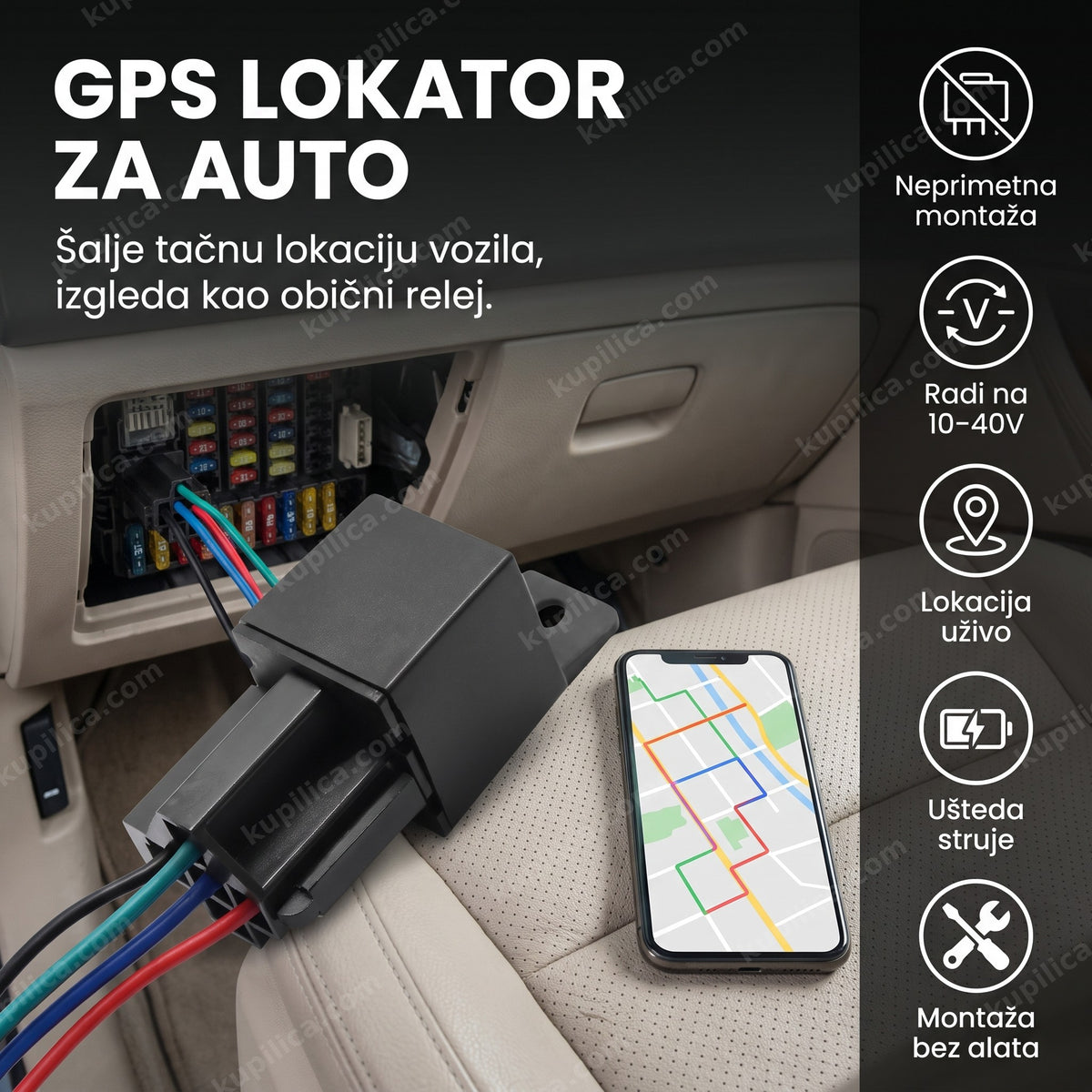 GPS lokator relej ispod table automobila sa žicama za instalaciju, prikaz benefita proizvoda