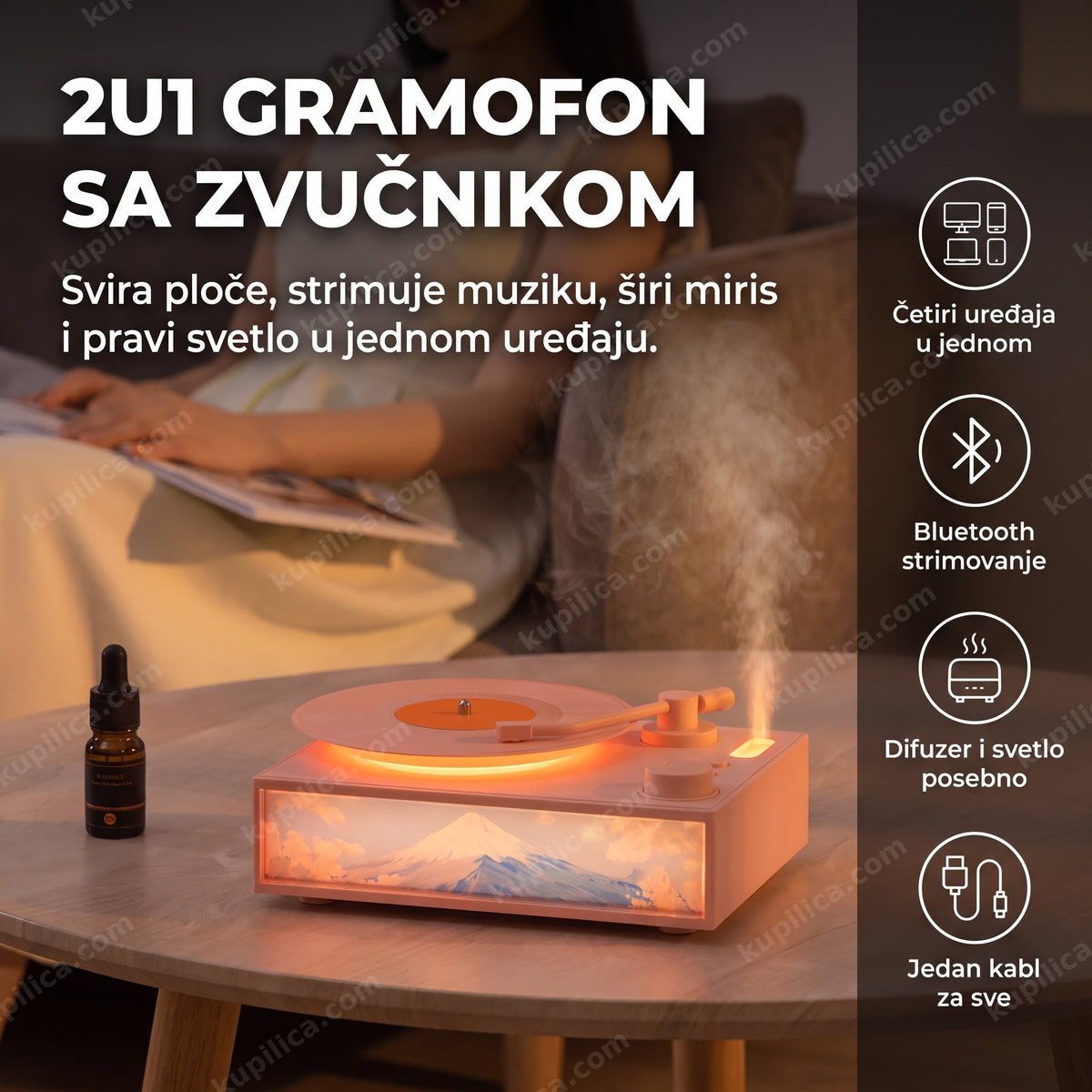 roze gramofon sa bluetooth zvučnikom i difuzerom sa toplim svetlom na stočiću, benefiti proizvoda