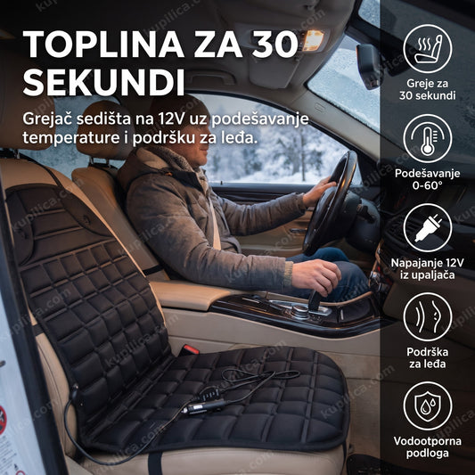 Grejač auto sedišta 12V montiran na sedište vozača hladnog jutra, prikazuje benefite proizvoda