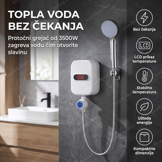 grejač vode sa LCD displejom 3500W montiran iznad lavaboa u kupatilu