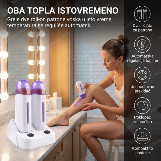 grejač voska za depilaciju — dve roll-on patrone tople istovremeno na kupatilskom stočiću