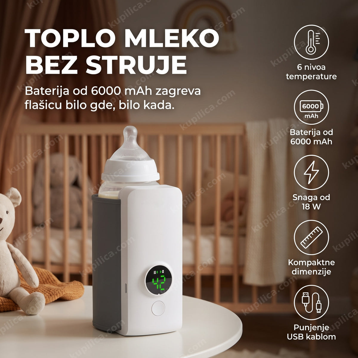 prenosivi grejač za bebine flašice sa flašicom na stolu, prikaz benefita proizvoda