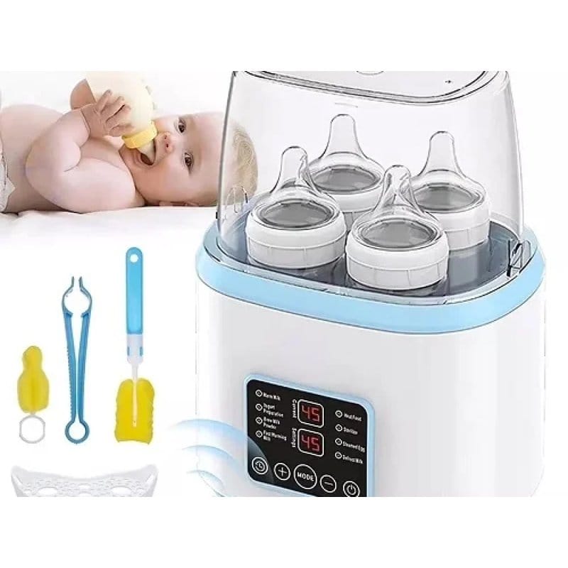 grejač za flašice i sterilizator 8 u 1 sa četiri flašice na digitalnom panelu i bebom koja pije iz flašice