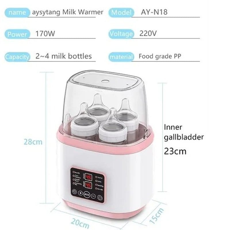 tabela specifikacija grejača za flašice i sterilizator 8 u 1 — snaga 170W, kapacitet 2-4 flašice, dimenzije 28x20x15 cm