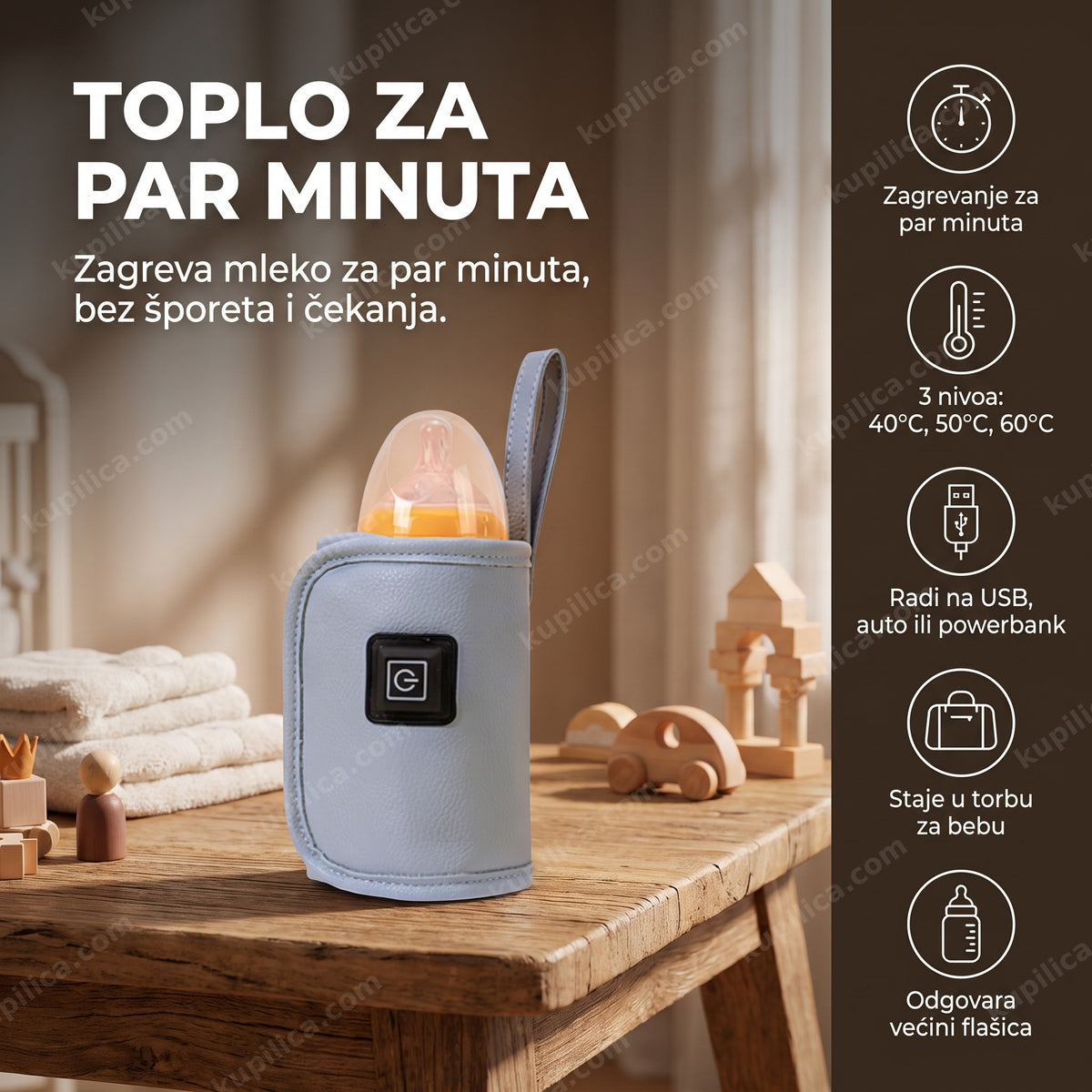 grejač za flašice za bebe sa flašicom mleka na stolu, prikaz benefita proizvoda