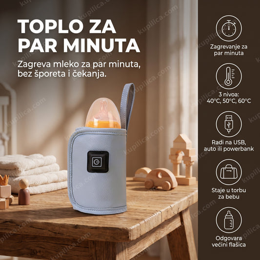 grejač za flašice za bebe sa flašicom mleka na stolu, prikaz benefita proizvoda