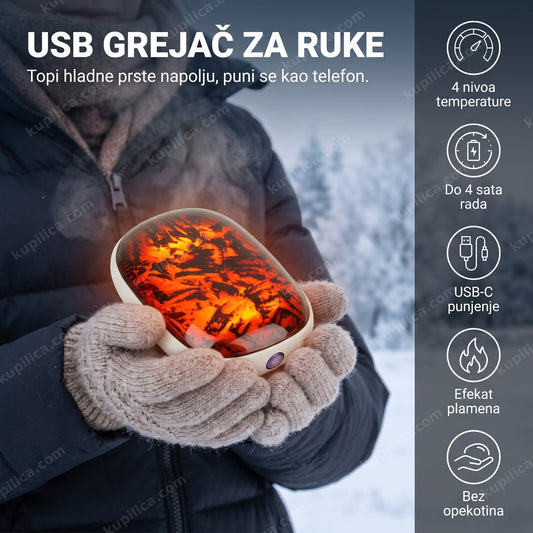 Grejač za ruke sa efektom plamena u rukavicama napolju