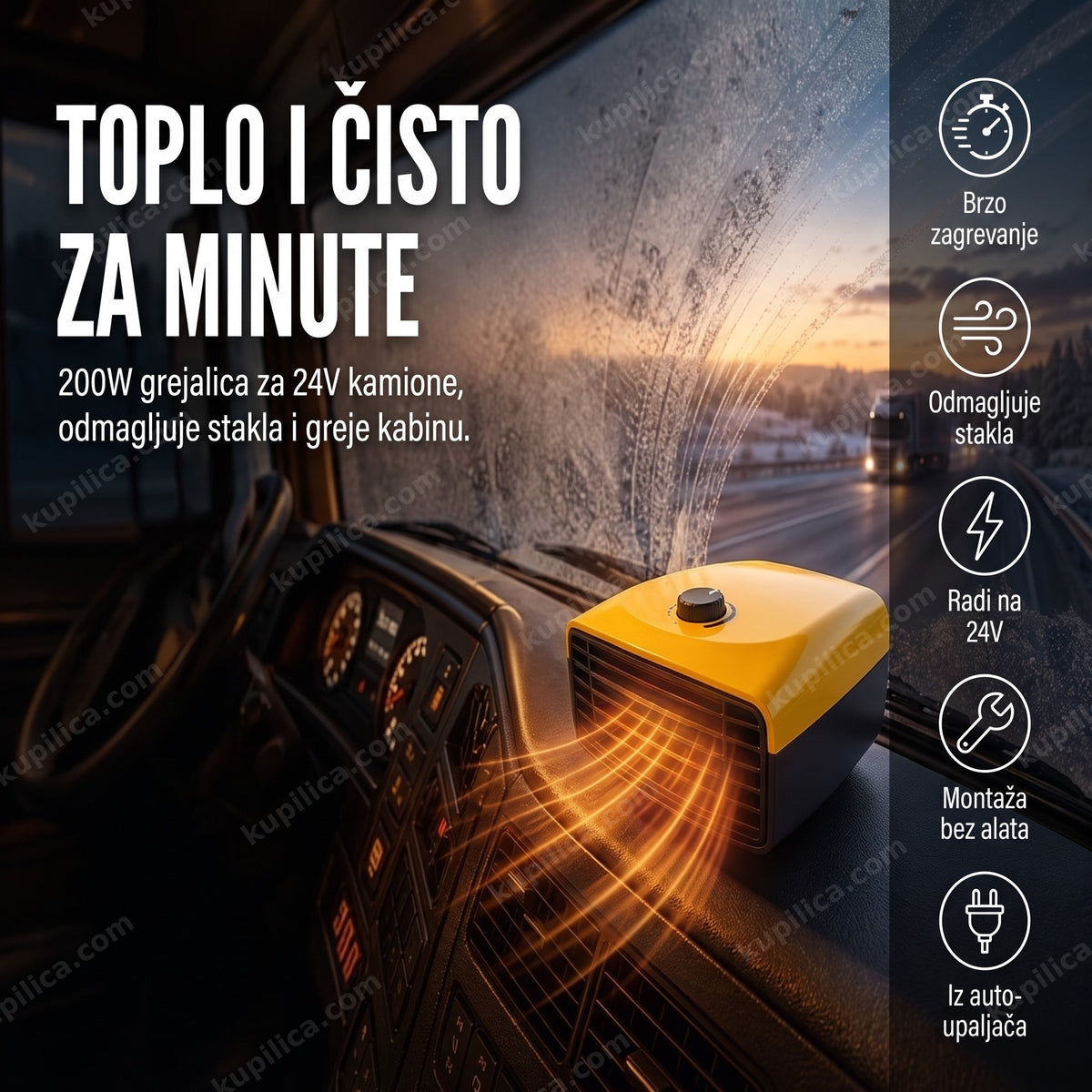 grejalica za kamion 24v 200w na tabli kamiona uperena ka vetrobranu