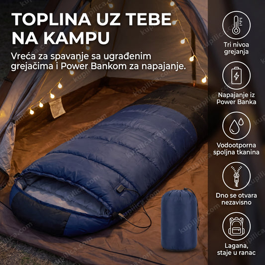 grejana vreća za spavanje smotana pored šatora u kamp sceni