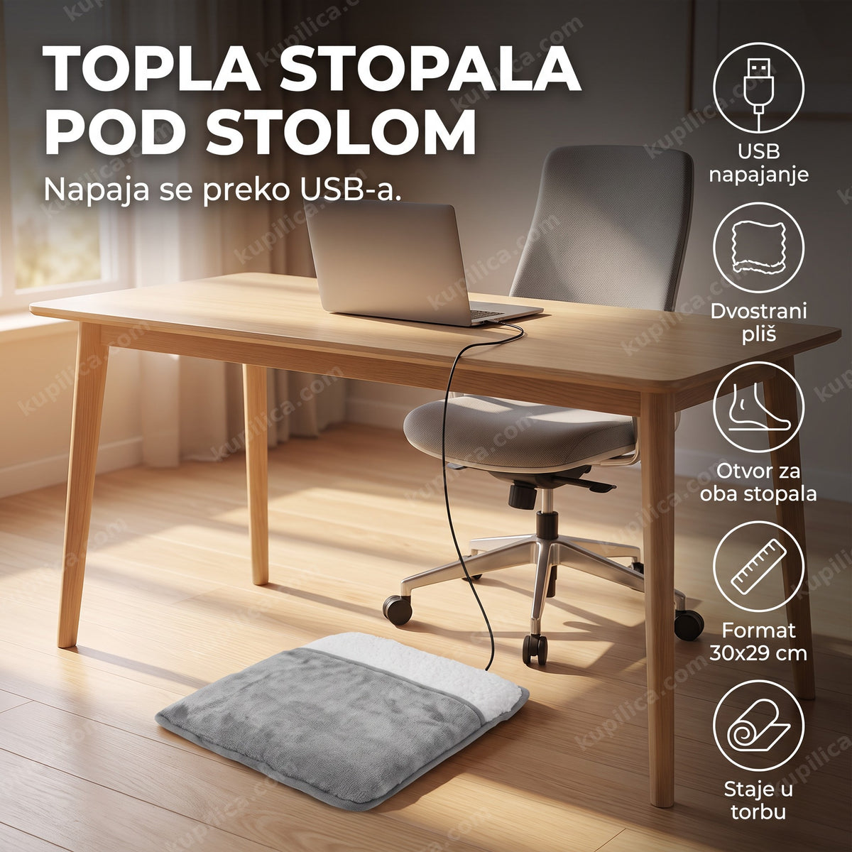 grejna prostirka za stopala usb ispod radnog stola sa laptopom