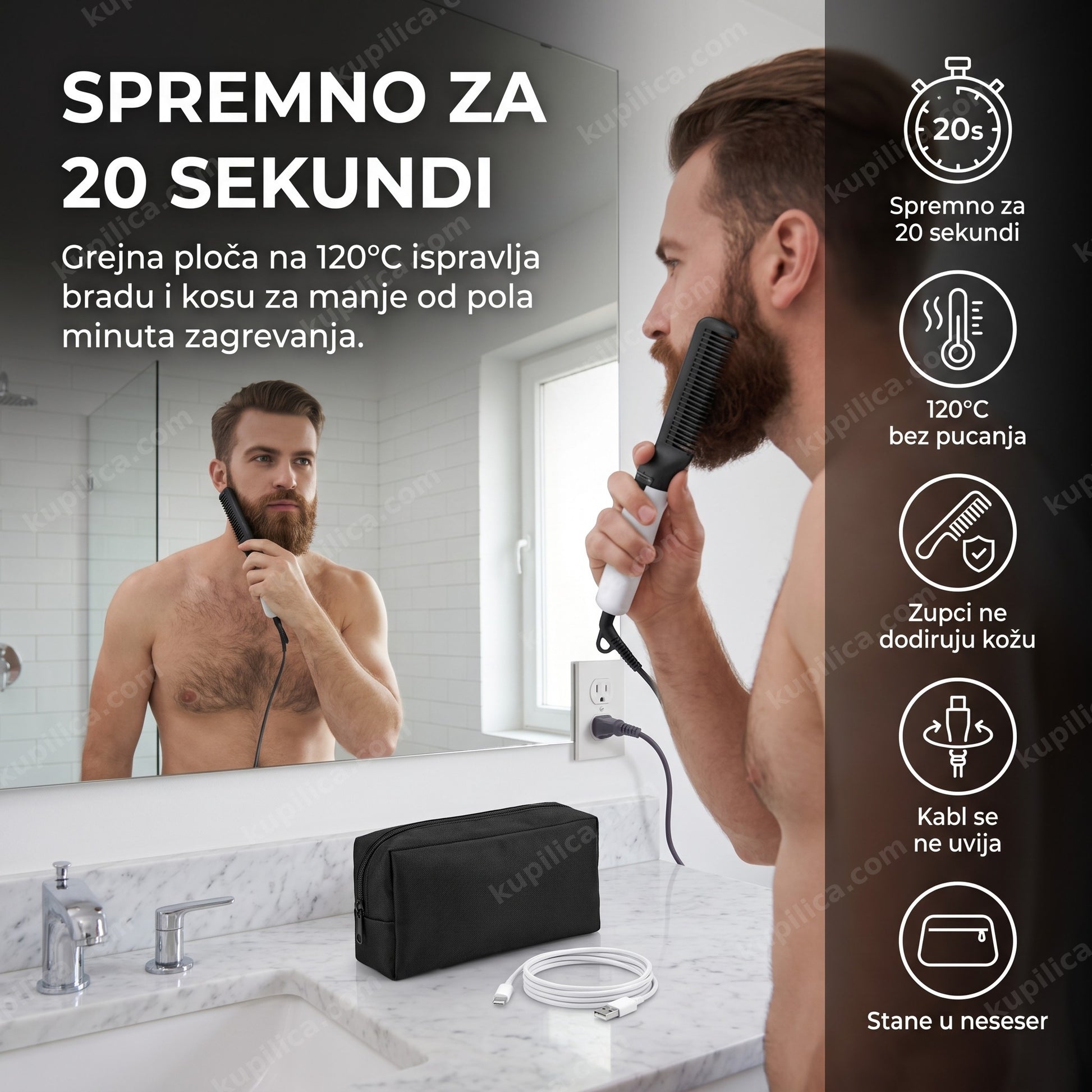 Muškarac koristi grejni češalj za bradu na 120°C u kupatilu